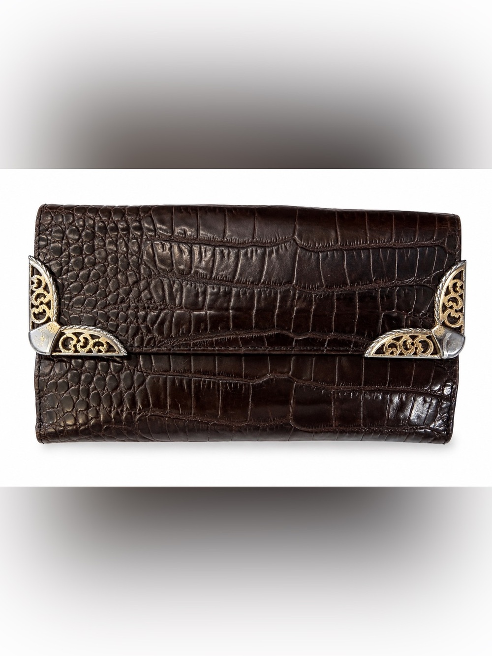 Brighton Brown Leather Wallet with metal embellished corners- alligator emboss.